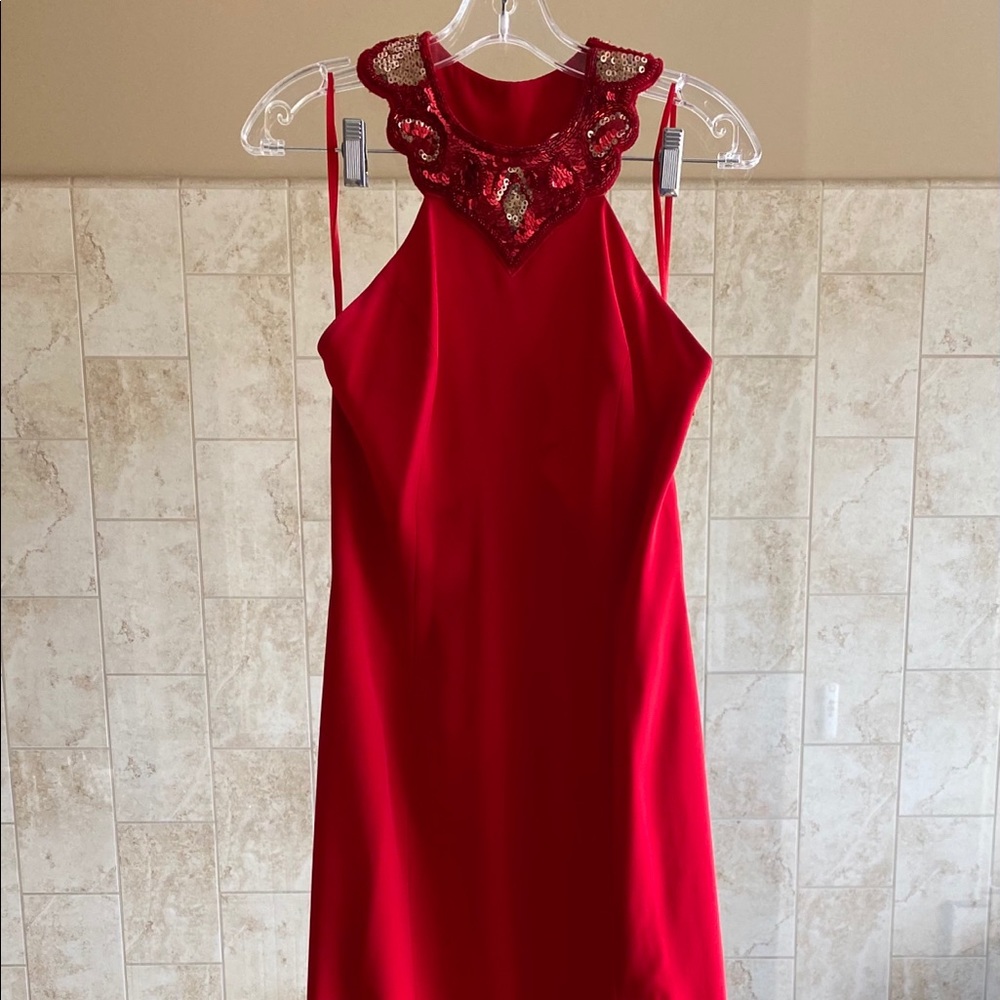 NiteLine red evening gown with slit up left side